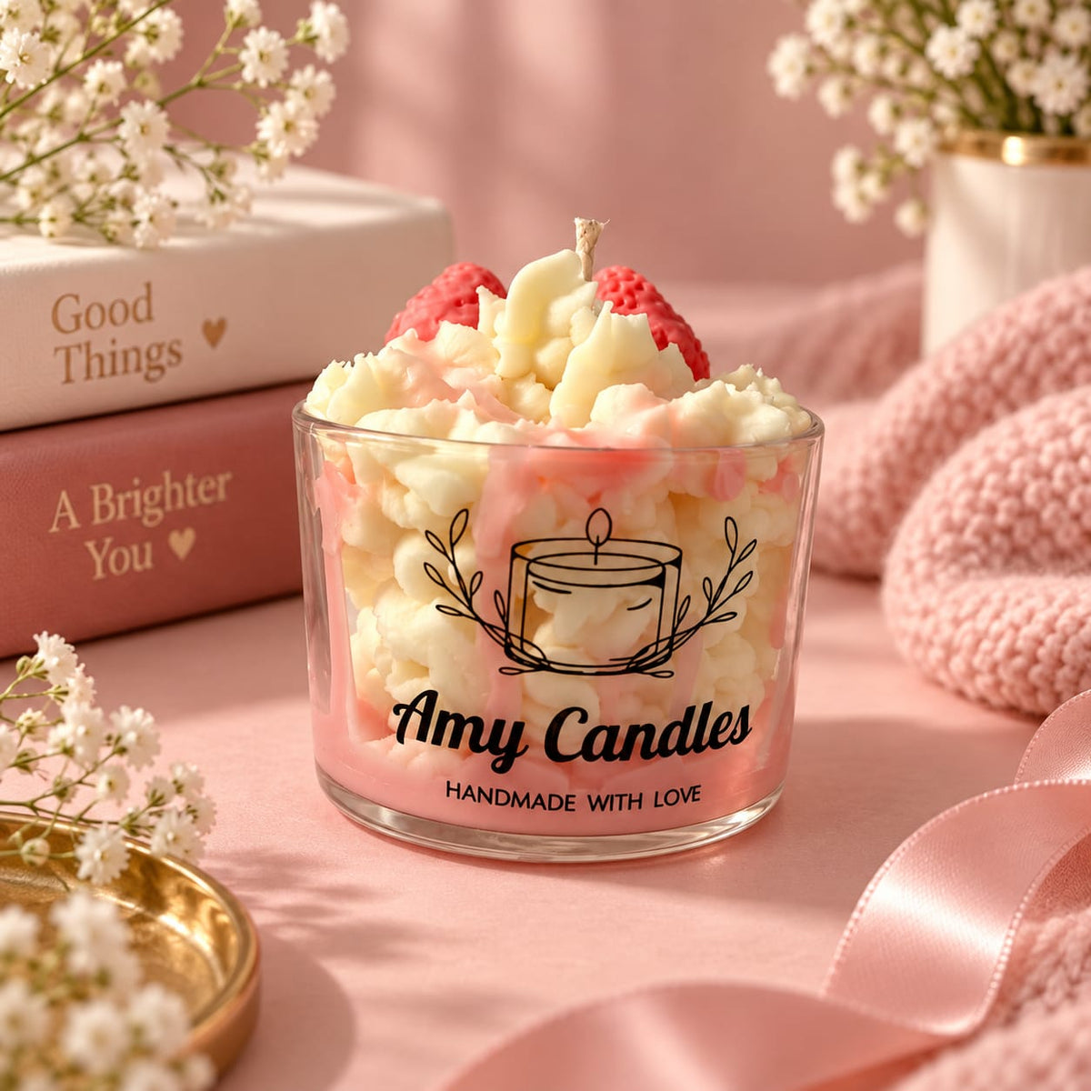 נר ריחני עבודת יד מבית "Amy Candles"- ריח תות.